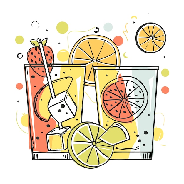 Stylized vector illustration citrus fruit drinks vibrant colors garnished orange lemon slices