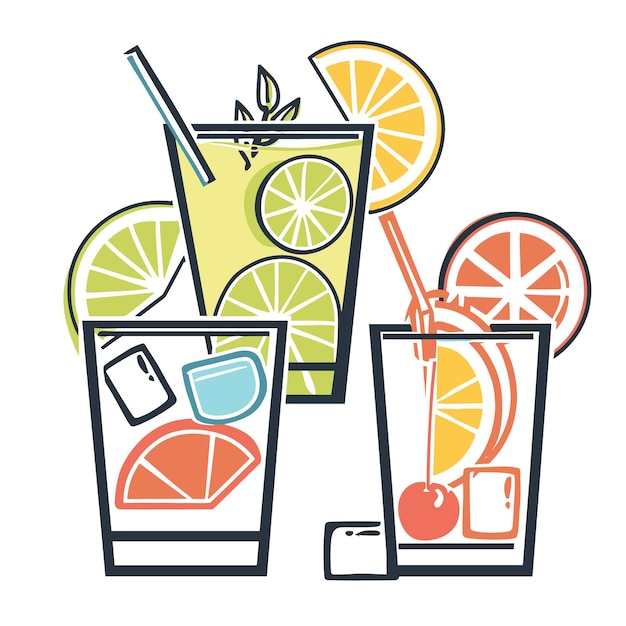 Stylized vector illustration summer drinks citrus fruits ice cubes Three colorful glasses one