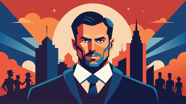 Stylized Vector Portrait of a Businessman in a Modern Cityscape at Sunset