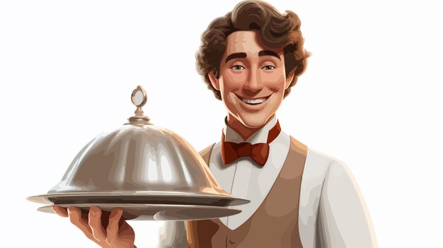 Vector stylized welcoming waiter holding a tray