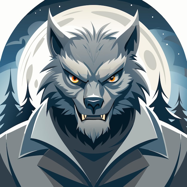 A stylized werewolf with glowing eyes against a moonlit forest backdrop