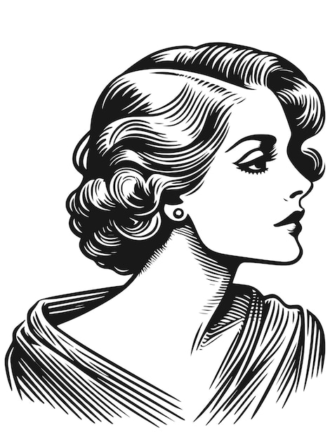 Stylized woman with curly hair in elegant dress black and white vector generative ai