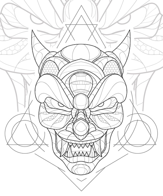 Stylized Zentangle line art Chinese demon mask illustration