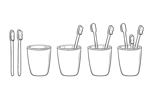 The subject of a daily routine for oral hygiene. Set of hand drawn glasses with toothbrushes .