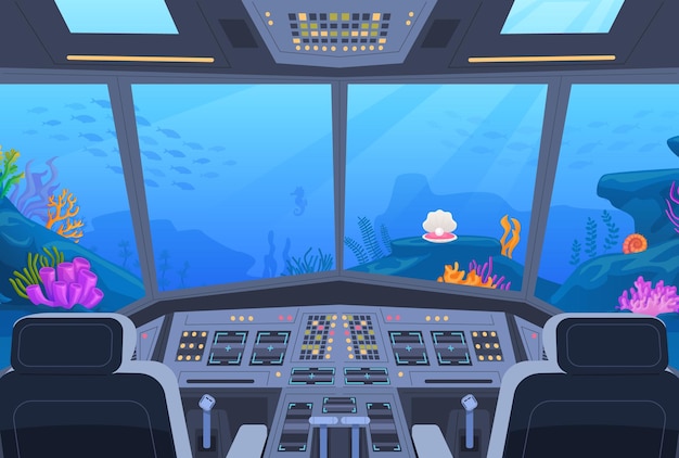 Vector submarine cockpit underwater marine cabin inside cartoon interior ship boat control dashboard with radar technology ocean sea water aqua background in window vector illustration