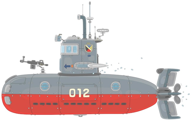 Submarine equipped with a periscope and armed with torpedoes and guns on combat patrol in an ocean