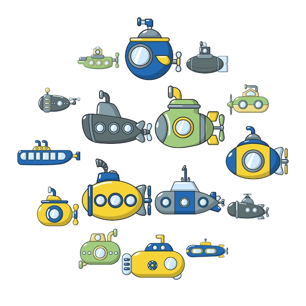 Submarine icon set, cartoon style