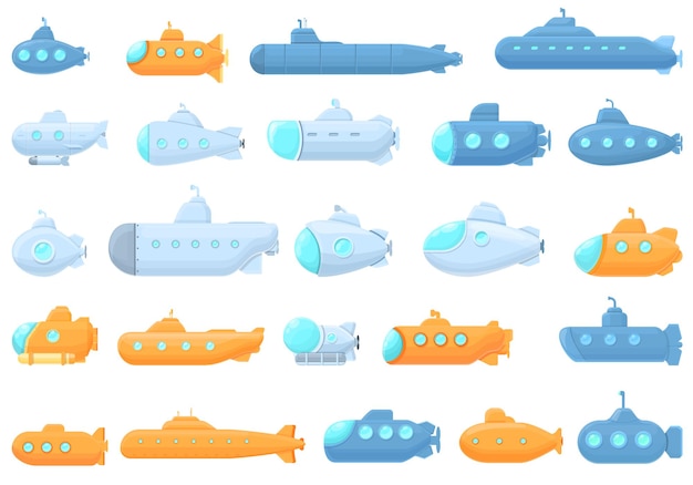 Submarine icons set. Cartoon set of submarine icons