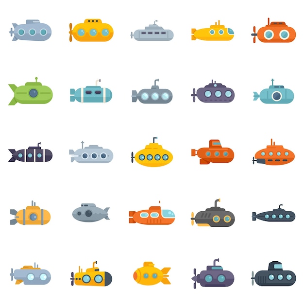 Submarine icons set flat vector Periscope guard