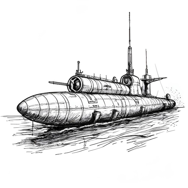 Submarine ink sketch drawing black and white engraving style vector illustration