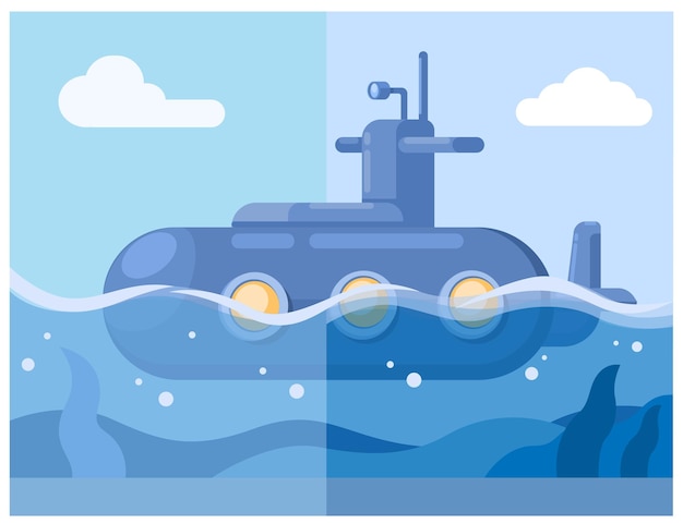 Submarine ship sail in ocean cartoon illustration vector