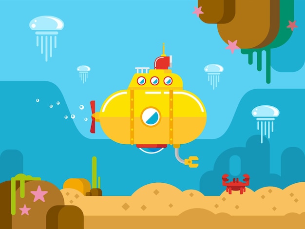 Submarine Under Water Flat Illustration