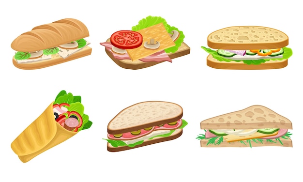 Vector subs and sandwiches of black and wheaten bread with various ingredients vector set