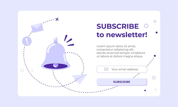 Subscribe banner with bell and message notification social media icon. Subscription to newsletter.