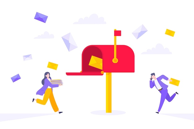 Subscribe now to our newsletter vector illustration with tiny people running toward mailbox