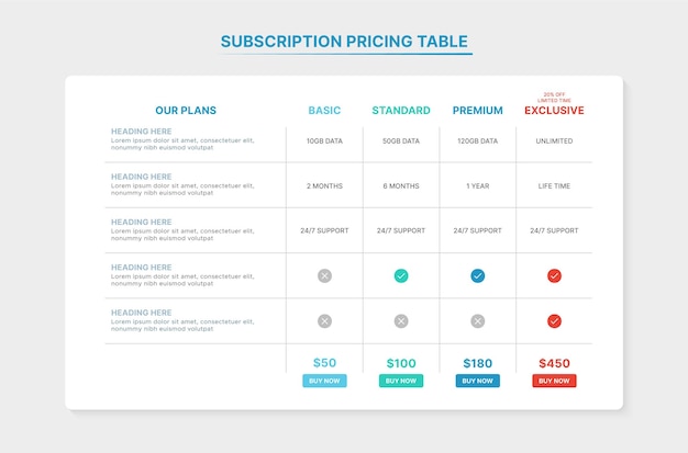 Vector subscription packages comparison pricing table infographic template with 4 plans