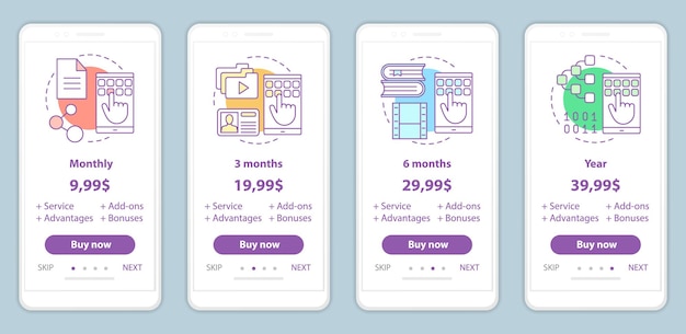 Vector subscription prices onboarding mobile app screens templates. walkthrough website vector pages. digital services costs. tariff plans steps. smartphone payment web page layout