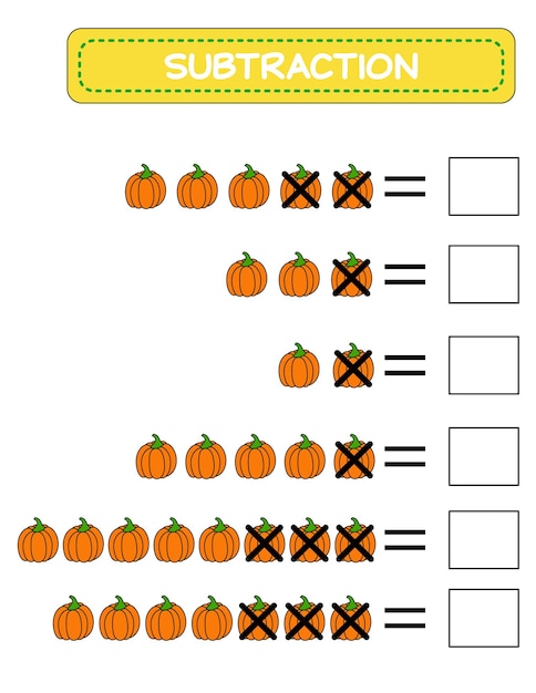 Subtraction Math worksheet for kids Developing numeracy skills Solve examples and write Mathematics Vector illustrationEducational math children game Subtraction for kids