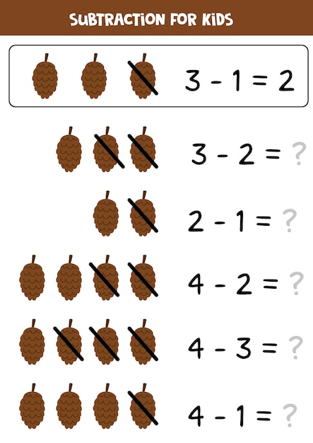 Subtraction with brown pine cone Educational math game for kids