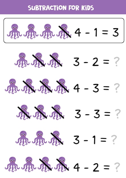 Subtraction with cute purple octopus Educational math game for kids