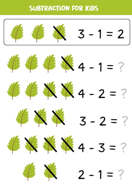 Subtraction with green leaf Educational math game for kids