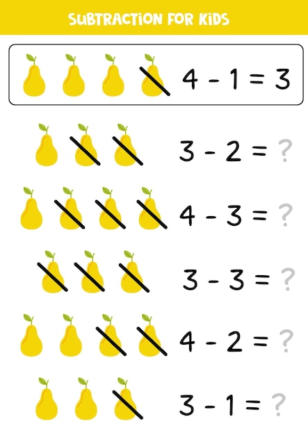 Subtraction with yellow pear Educational math game for kids