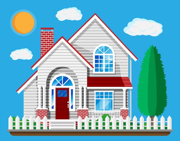 Suburban family house isolated on blue. Countryside wooden house building icon. Real estate and rent. Cartoon vector illustration in flat style