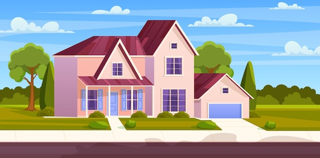 Suburban house, residential cottage, real estate countryside building exterior. Two storey dwelling place with garage. Suburban home facade with garden and lawn. Vector illustration in flat style