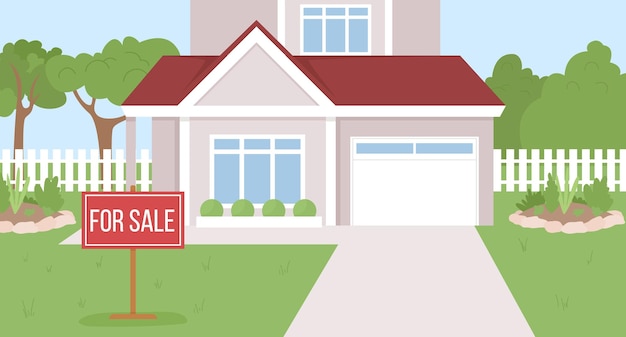 Suburban house for sale flat color vector illustration