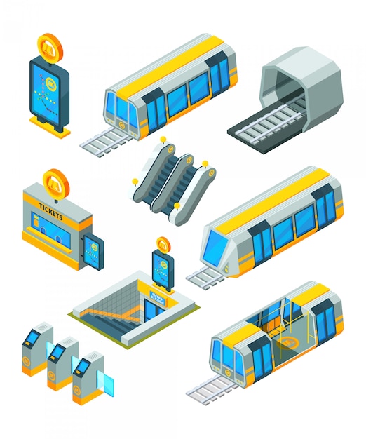 Subway metro elements. Entrance electric gates and signs train tunnel with escalator modern subway station isometric  3d pictures