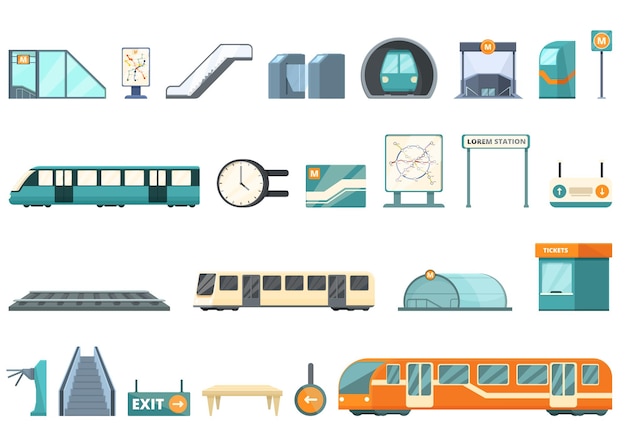 Subway station icons set cartoon vector Train hub