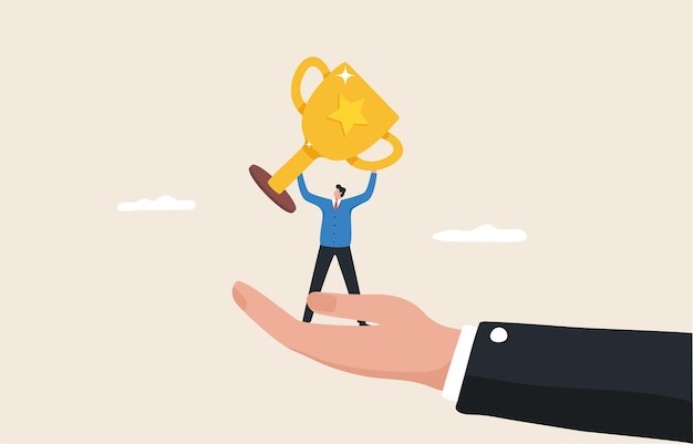 Success acquired through support Motivation from work Promotion in a career boss support or to work together Businessman stands holding a trophy in a giant hand