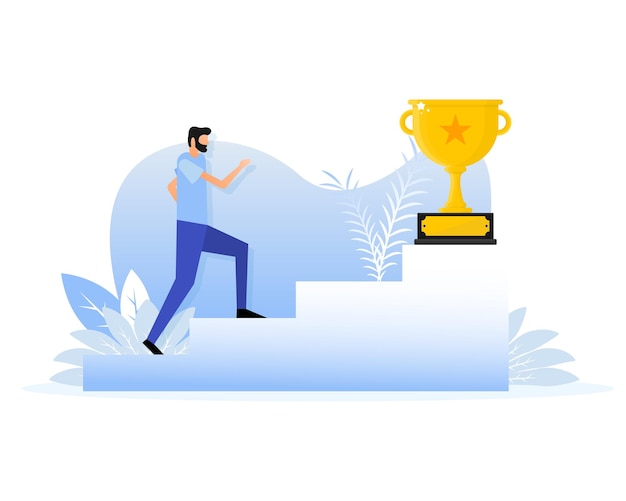 Success award people in flat style on gold background Champion trophy gold cup Flat illustration