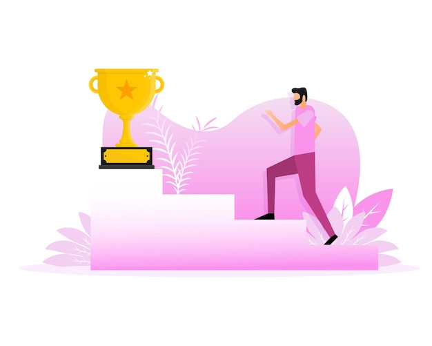 Success award people in flat style on gold background Champion trophy gold cup Flat illustration