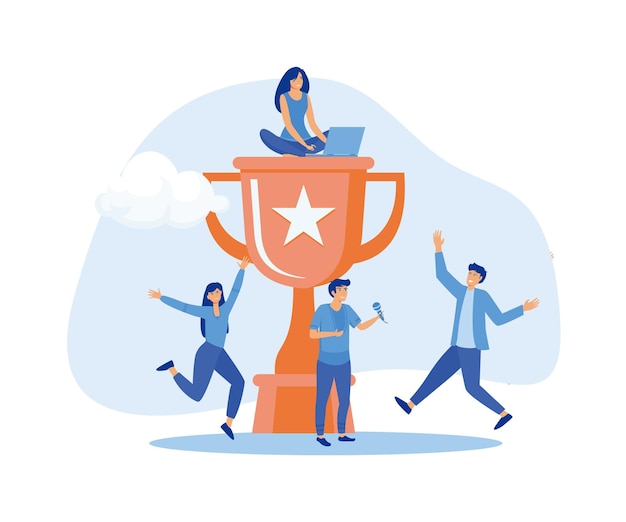 Vector success business team concept people near the trophy celebrating achieving success flat vector modern illustration