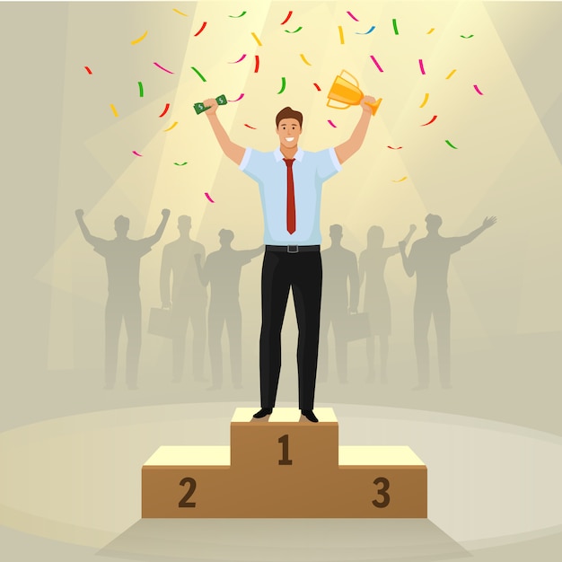 Success businessman character standing in a podium holding up a trophy.