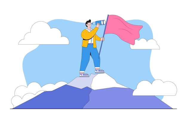 Success fearless female entrepreneur woman leadership or challenge and achievement concepts Businesswoman on top mountain holds a winning flag and binoculars looking for a future visionary