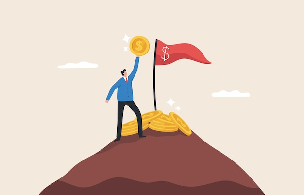 Vector success in finance and investment growing a business or company profit from investment business leader achieving goal businessman standing on top of a mountain