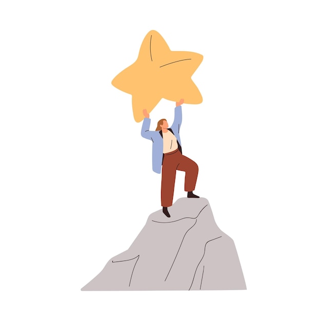 Vector success, goal achieving concept. business woman winner with star standing on top of career peak, mountain cliff. victory and target achievement. flat vector illustration isolated on white background