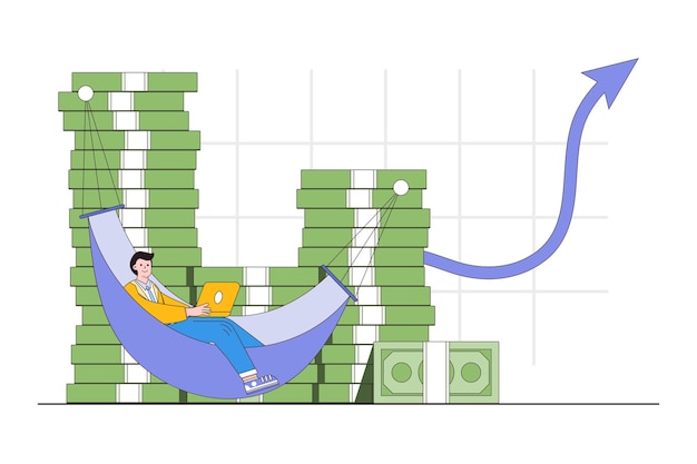 Success investment growing more profit easy earning crypto trading financial goals achievement dream being rich concept Businessman relax using hammock on stack of money with arrow upward