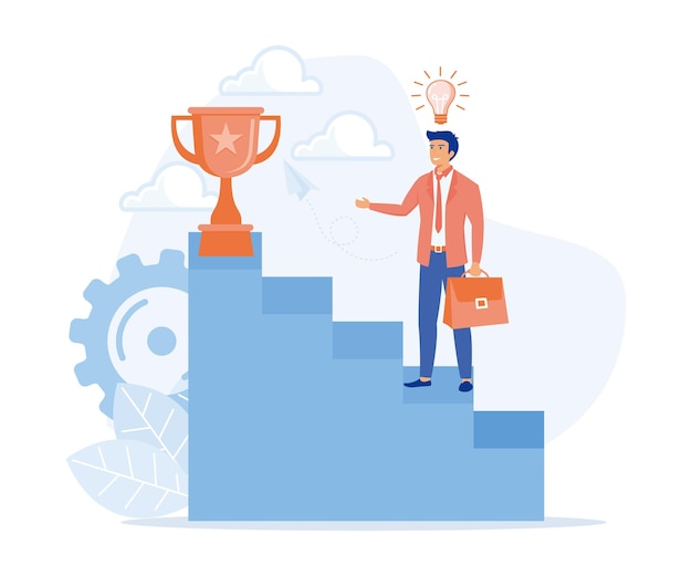 Vector success motivation concept businessman holding trophy cup standing on the stair flat vector modern illustration