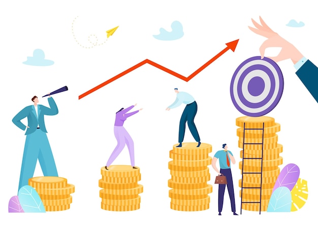 Success plan for business vector illustration flat tiny man woman character stand at money coin finance growth graph to target concept