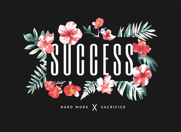 success slogan in colorful wild flowers frame on black background