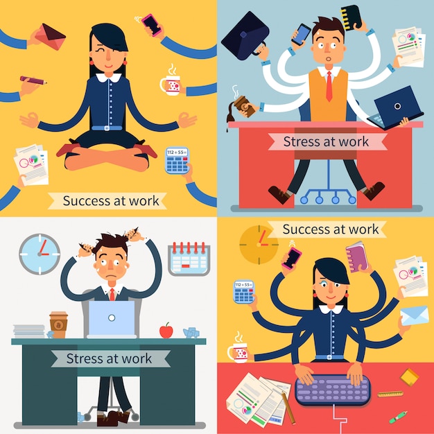 Success and Stress at Work. Man and Woman at Multitasking Work