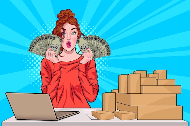 Success woman holding money selling products online in Pop Art Comic Style