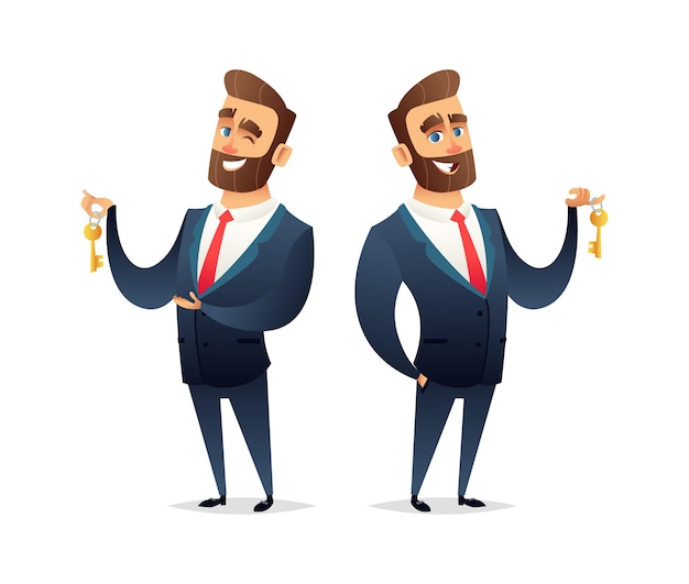 Successful beard businessman character hold a key of car house or apartment Business concept illustration