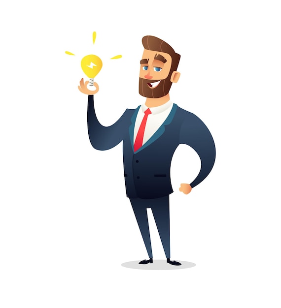 Successful beard businessman character holding light bulb Big idea concept Symbol of having business inspiration