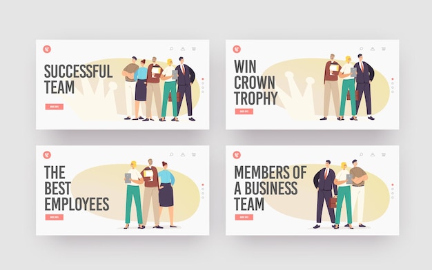 Successful Business Team Landing Page Template Set. Businesspeople Characters Stand in Confident Pose Hold Paper Documents with Crown Shadow on Wall, Corporate Work. Cartoon People Vector Illustration