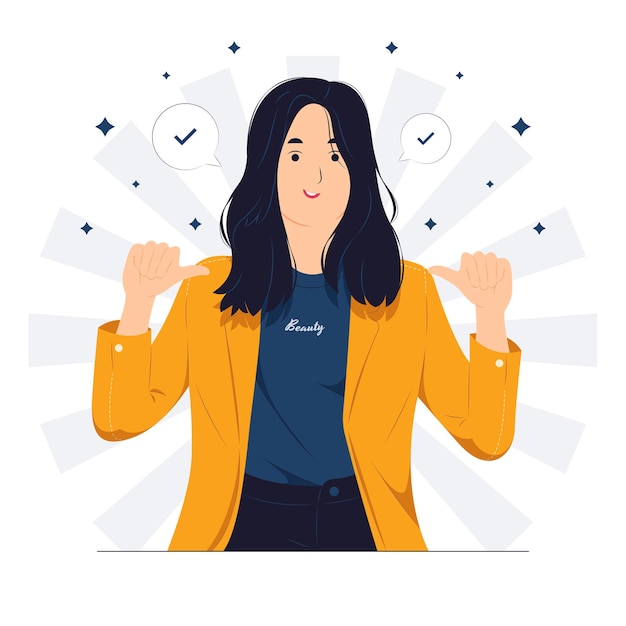 Vector successful business woman dressed in stylish suit with confidence, pointing herself with fingers proud and happy, high self esteem, concept illustration