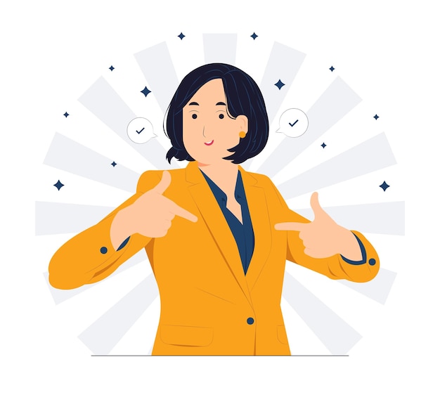 Successful business woman dressed in stylish suit with confidence pointing herself with fingers proud and happy high self esteem concept illustration